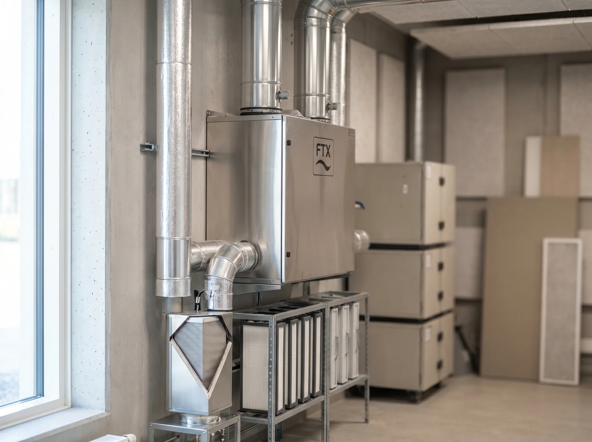 FTX-ventilationsaggregat med silverfärgade rör och luftfilter i tekniskt rum.